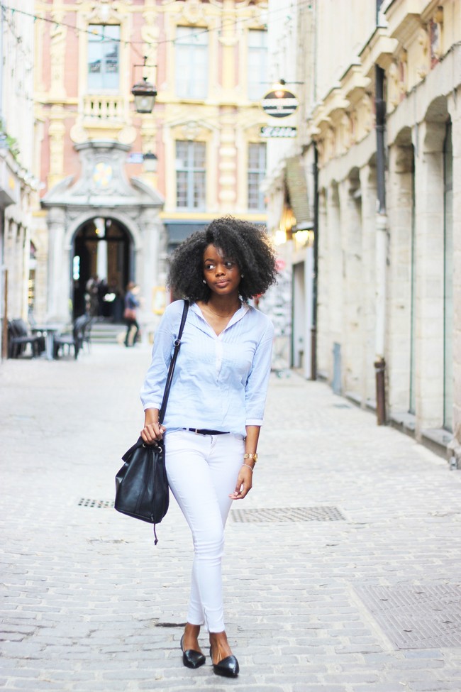 White jeans and 2025 light blue shirt